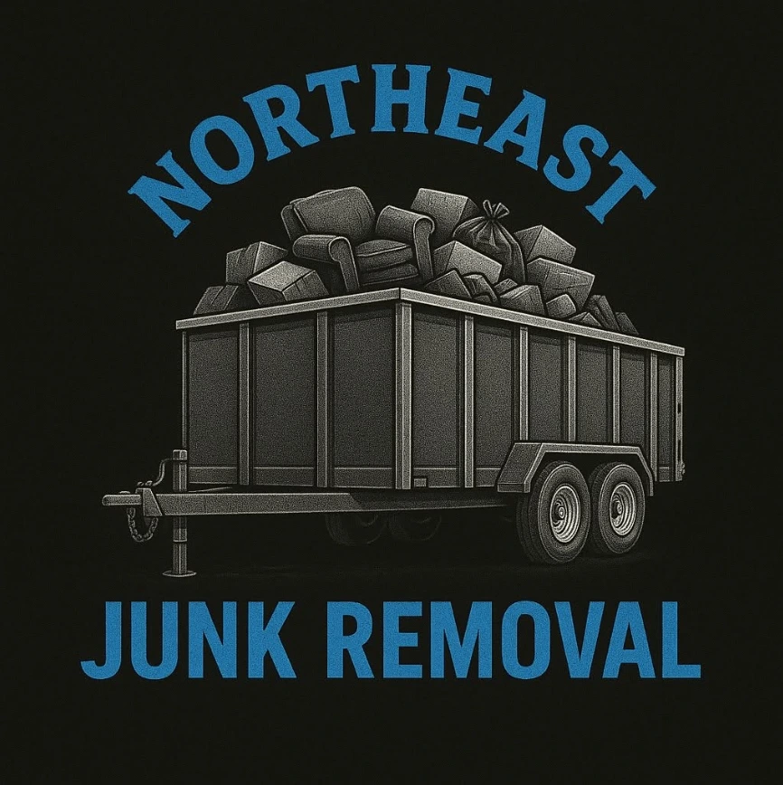 Northeast Junk Removal logo with a dumpster trailer loaded with furniture and junk
